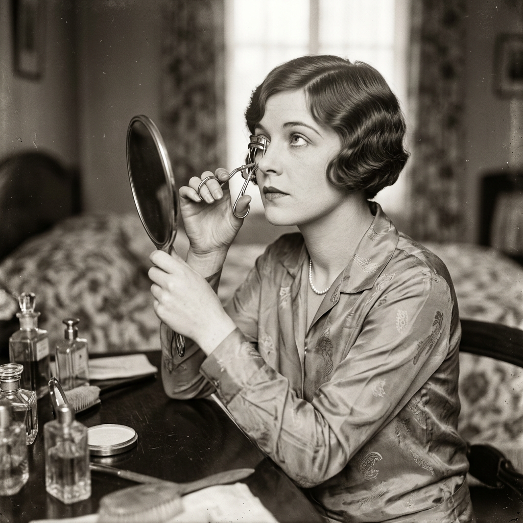 Woman using a handheld mirror during a vintage beauty routine