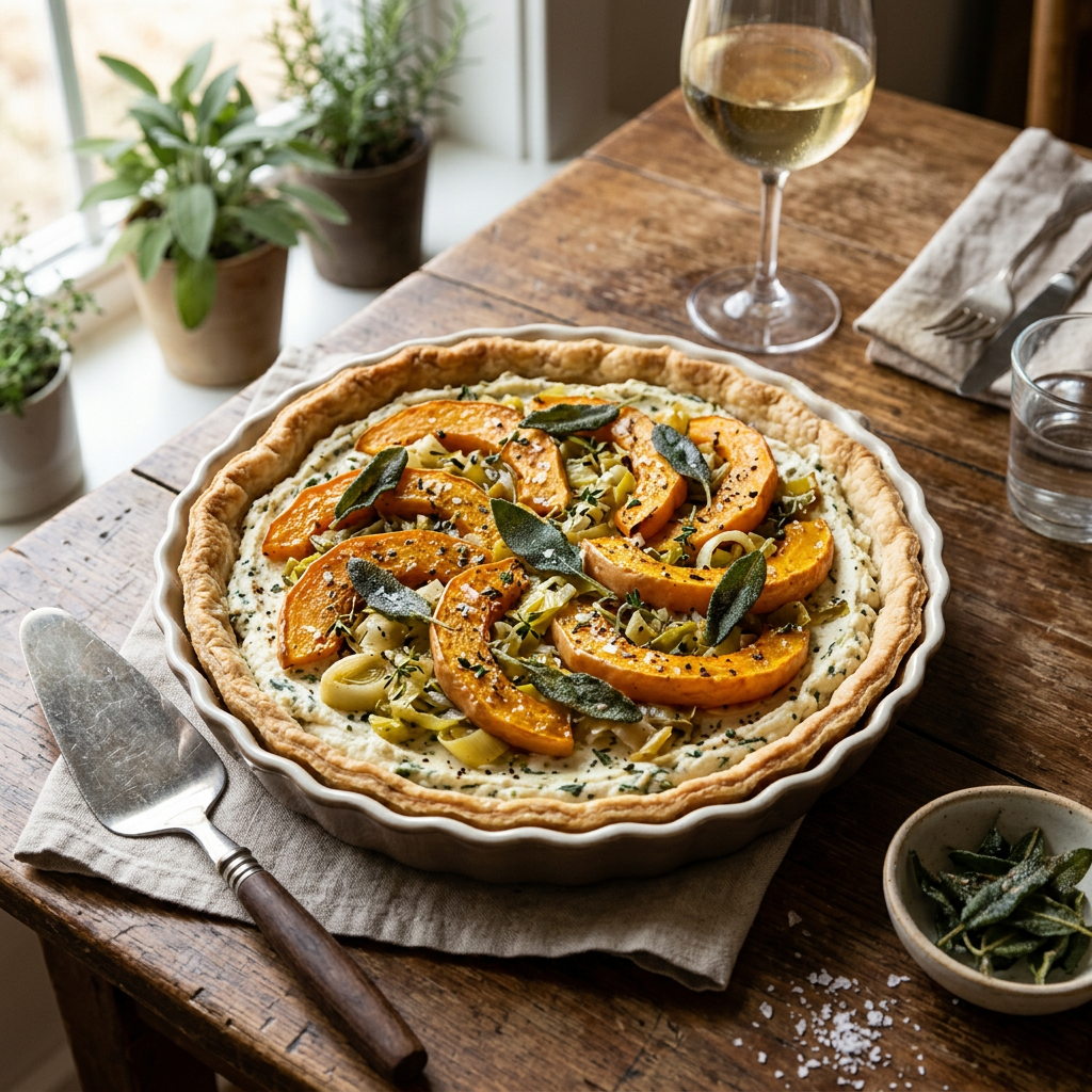 Golden squash tart topped with sage on a wooden dining table