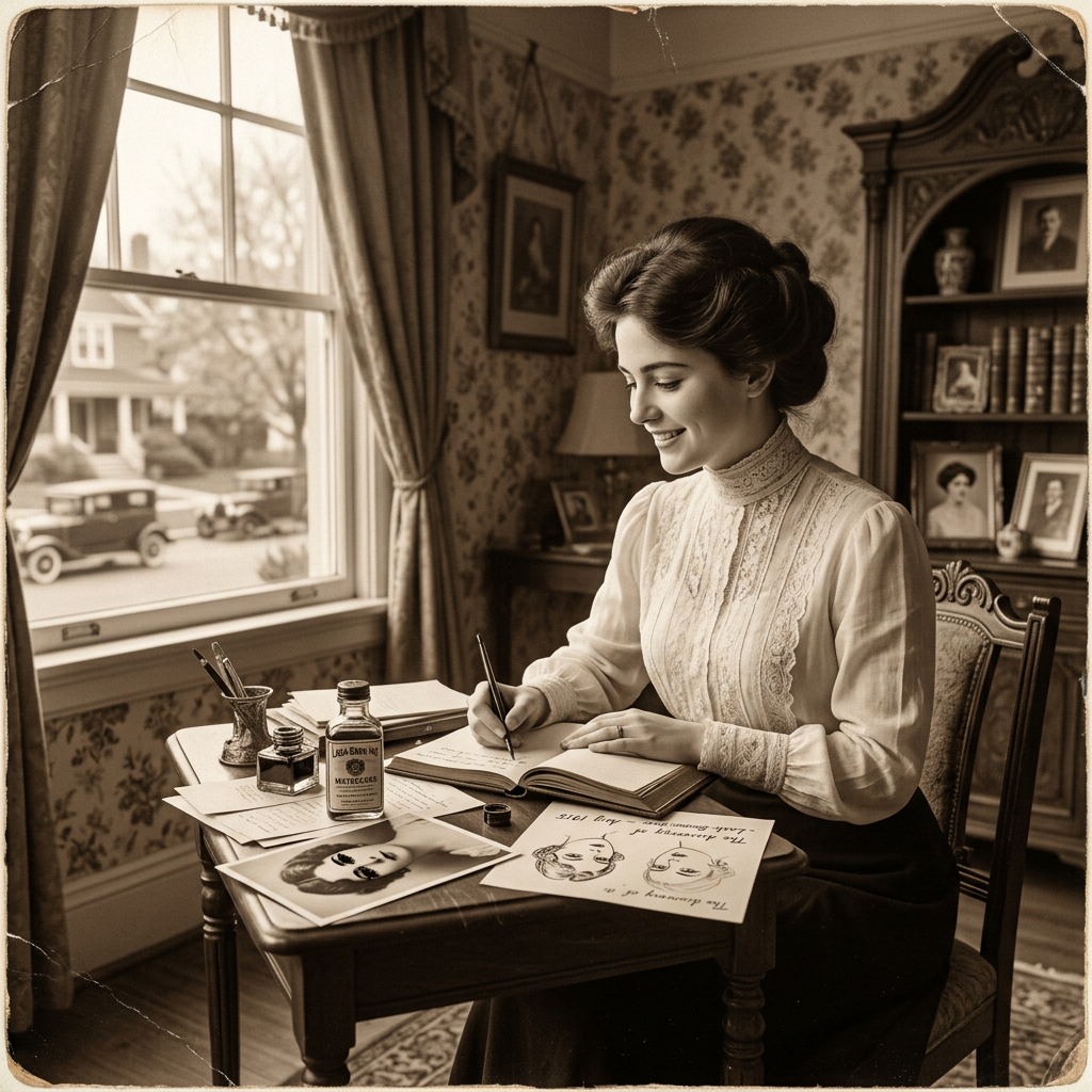 Woman writing in a notebook at a vintage desk by a window