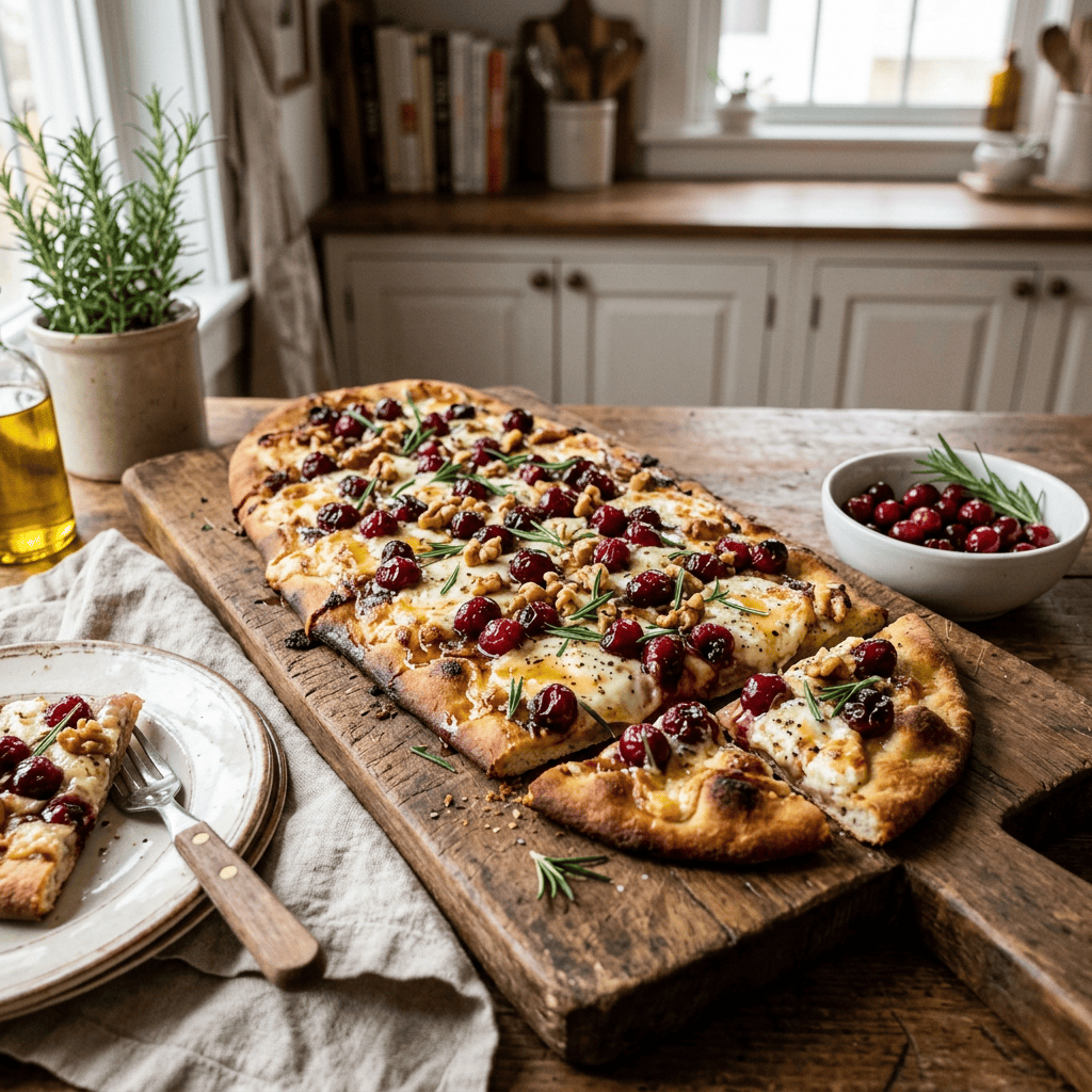 Cranberry, cheese, walnut, and rosemary flatbread on a wooden board