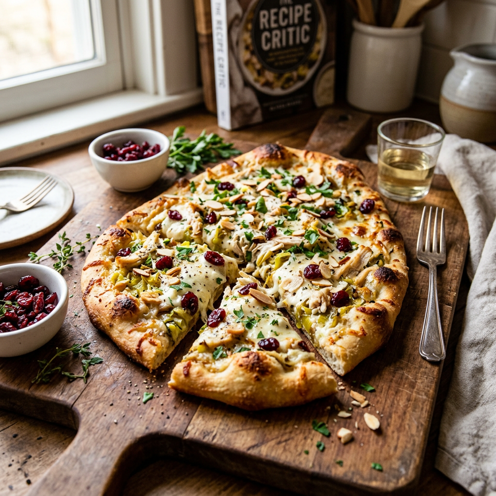 Golden flatbread topped with chicken, cheese, cranberries, almonds, and herbs