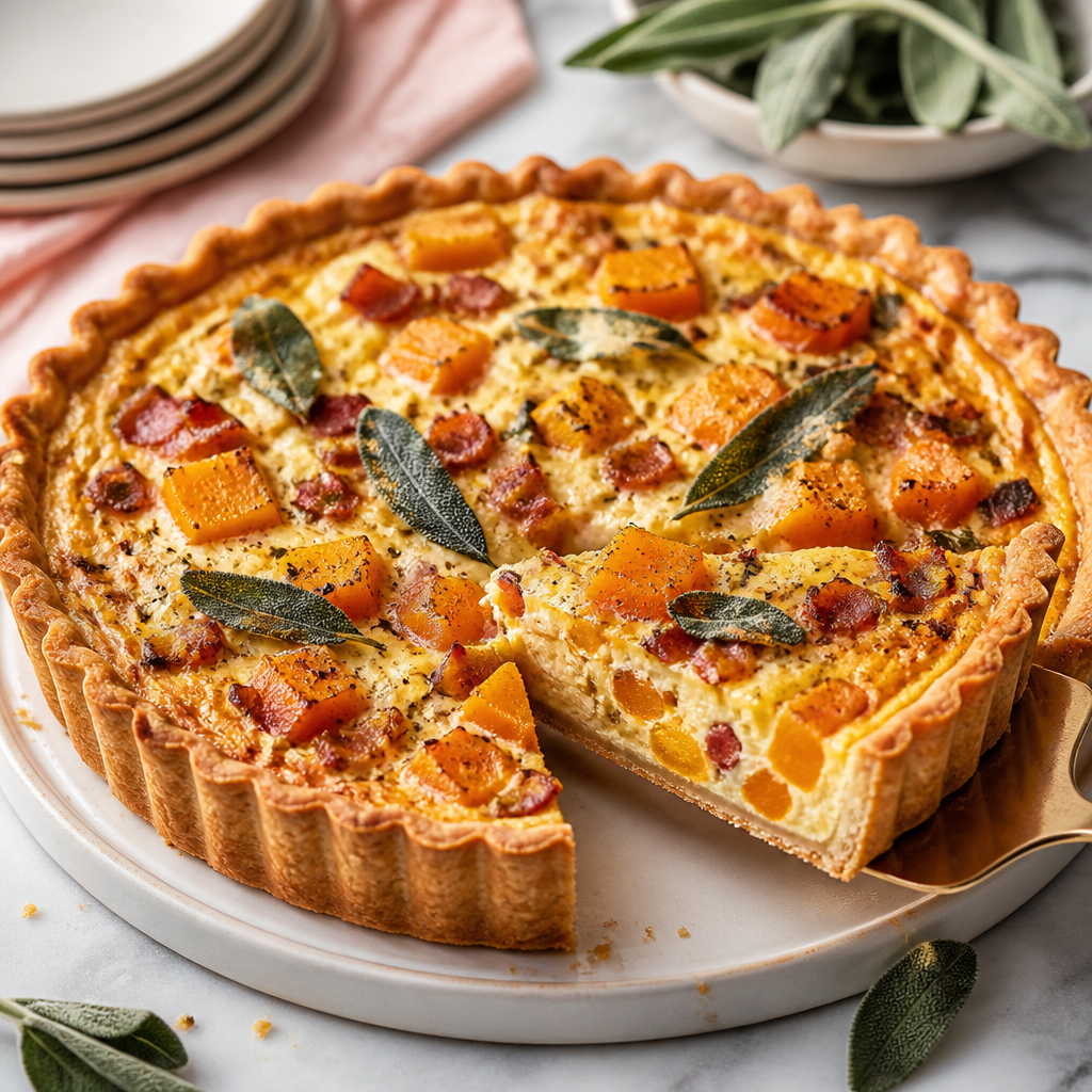 Butternut squash and bacon quiche with sage, one slice served on spatula