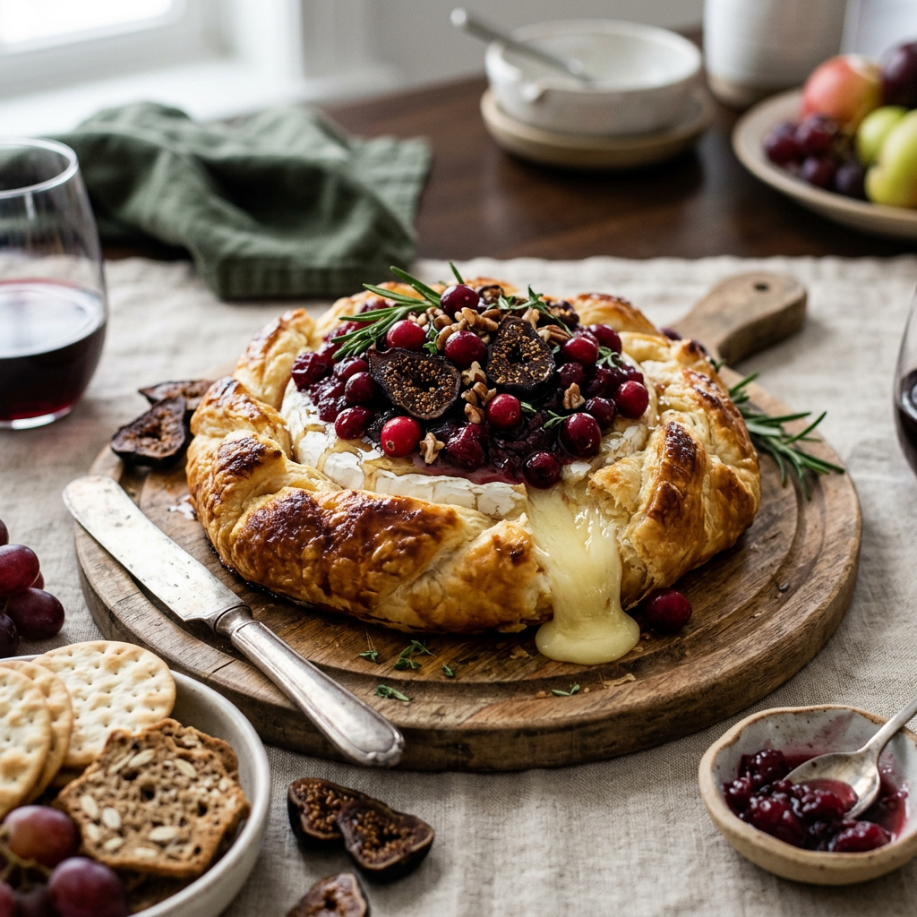 Baked brie topped with cranberries, figs, walnuts, and rosemary