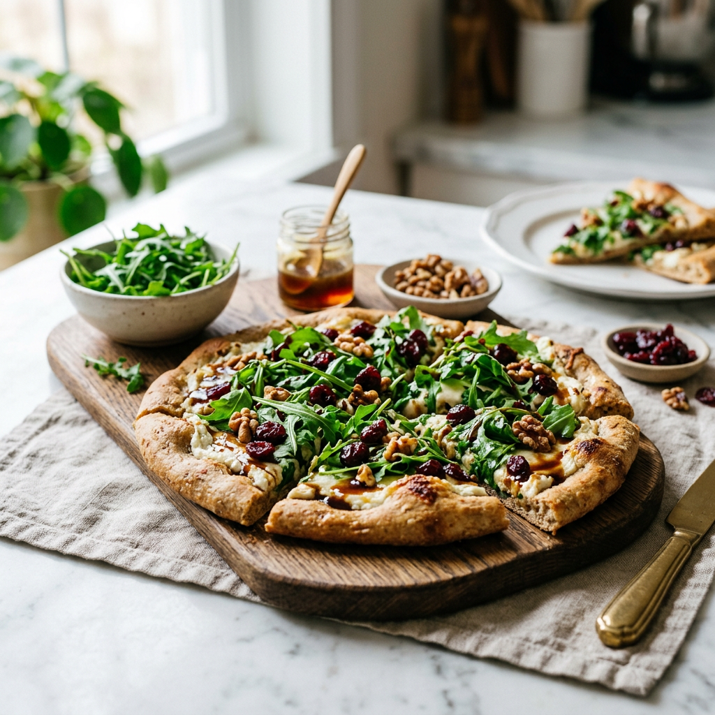 Cranberry goat cheese arugula flatbread