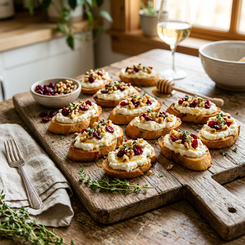 Crostini topped with whipped cheese, walnuts, cranberries, herbs, and honey