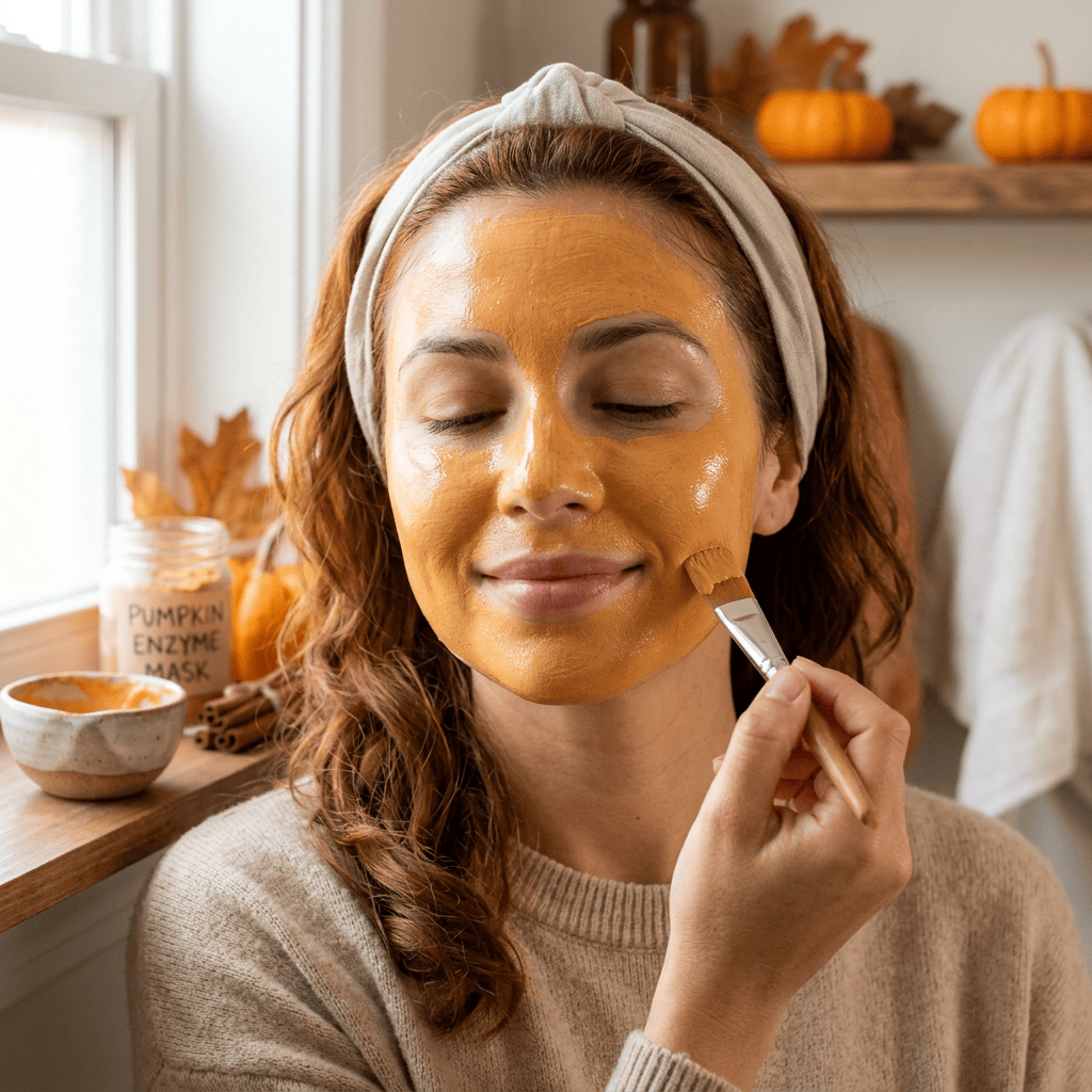Woman applying pumpkin enzyme mask with a brush