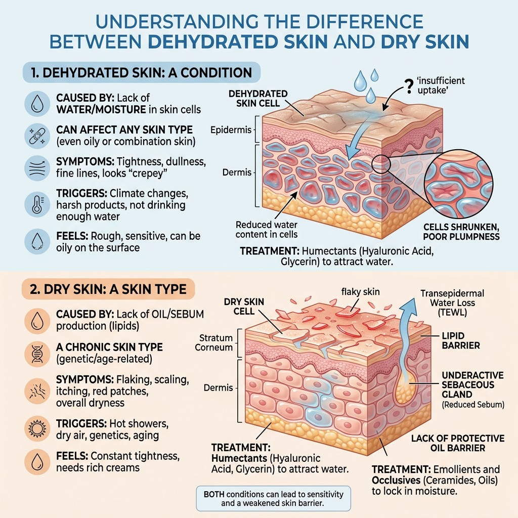 Infographic comparing dehydrated skin, caused by water loss, with dry skin, caused by reduced oil production.