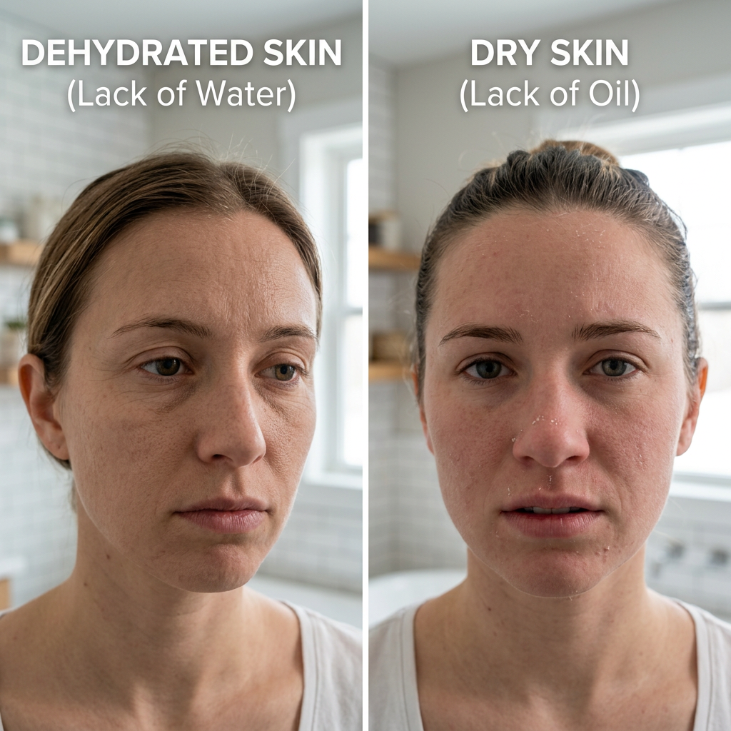 DEHYDRATED SKIN (Lack of Water) compared with DRY SKIN (Lack of Oil)