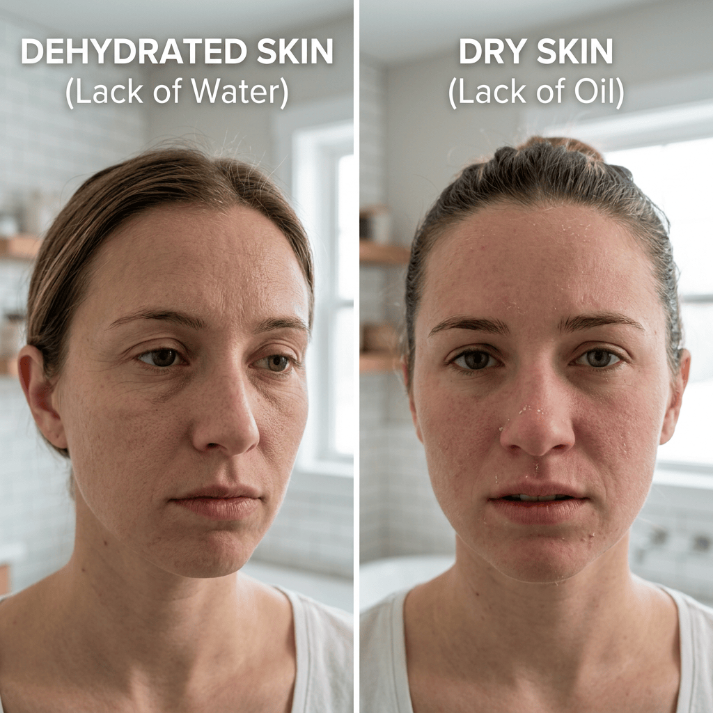 DEHYDRATED SKIN (Lack of Water) compared with DRY SKIN (Lack of Oil)