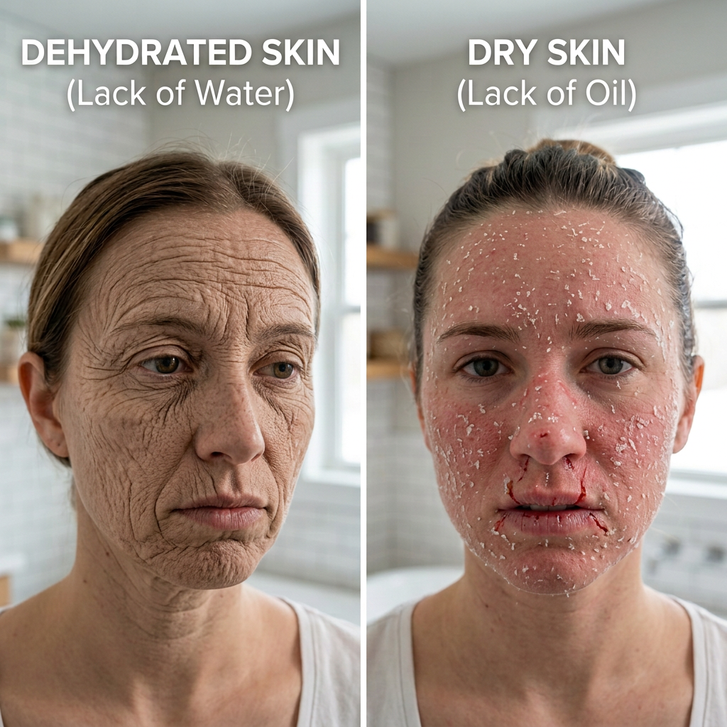 DEHYDRATED SKIN (Lack of Water) compared with DRY SKIN (Lack of Oil)