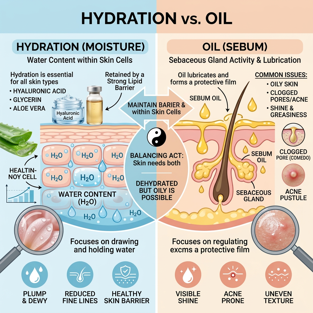 Infographic comparing skin hydration and oil, including benefits, common issues, and skin balance.