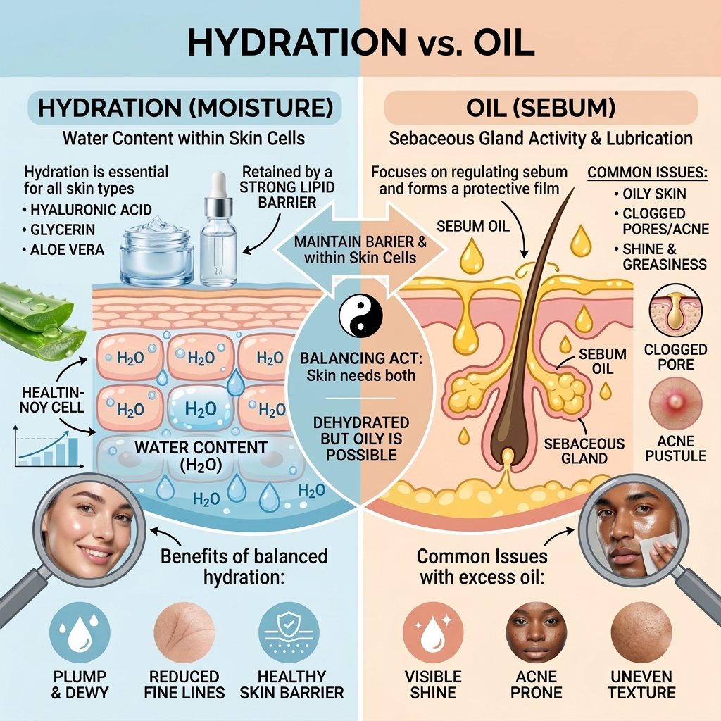 Infographic comparing skin hydration, oil, benefits, and common skincare issues
