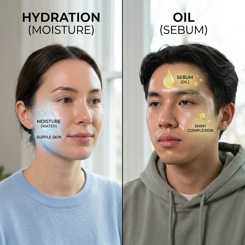 Split portrait labeled hydration moisture and oil sebum, comparing supple and shiny skin