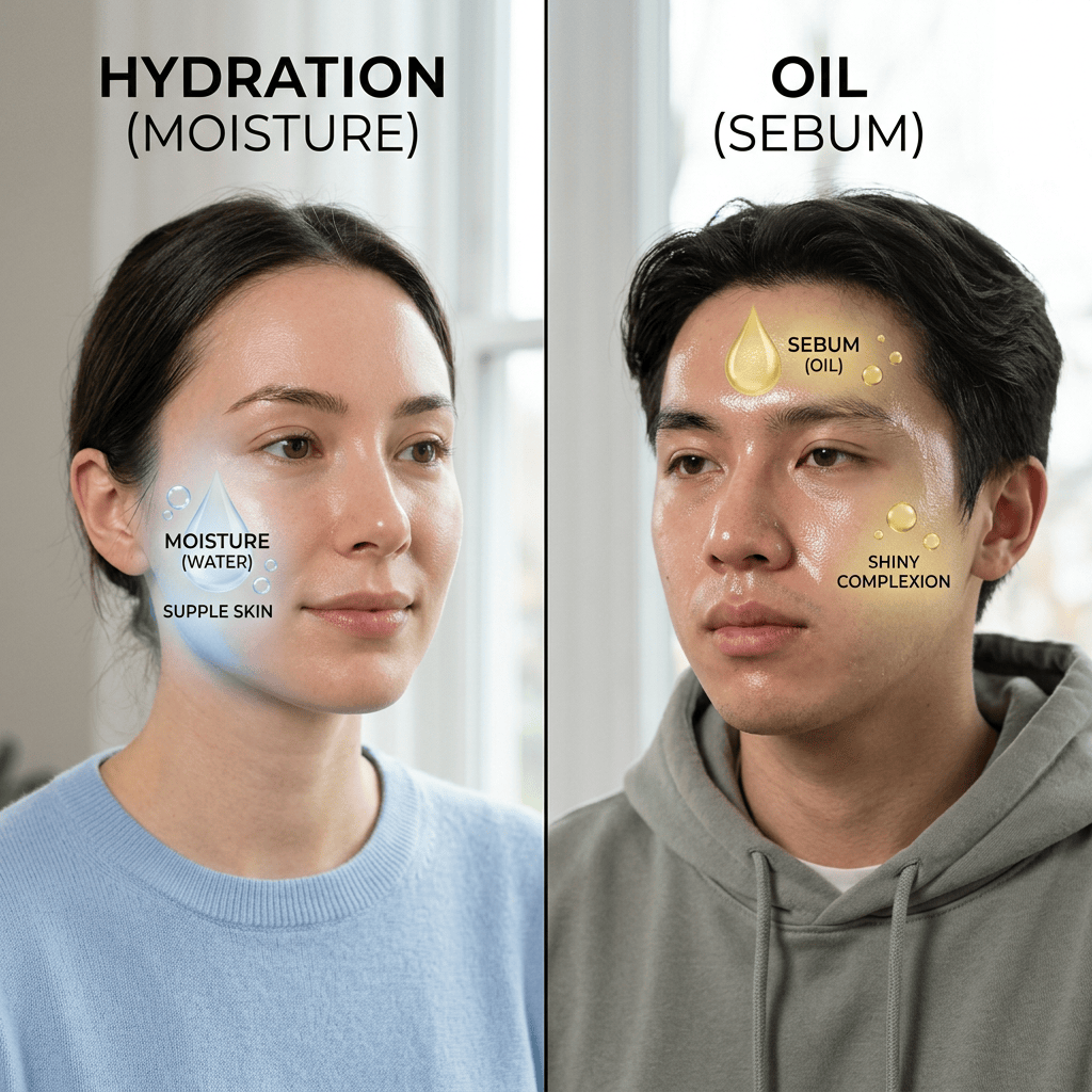 Split portrait labeled hydration moisture and oil sebum, comparing supple and shiny skin