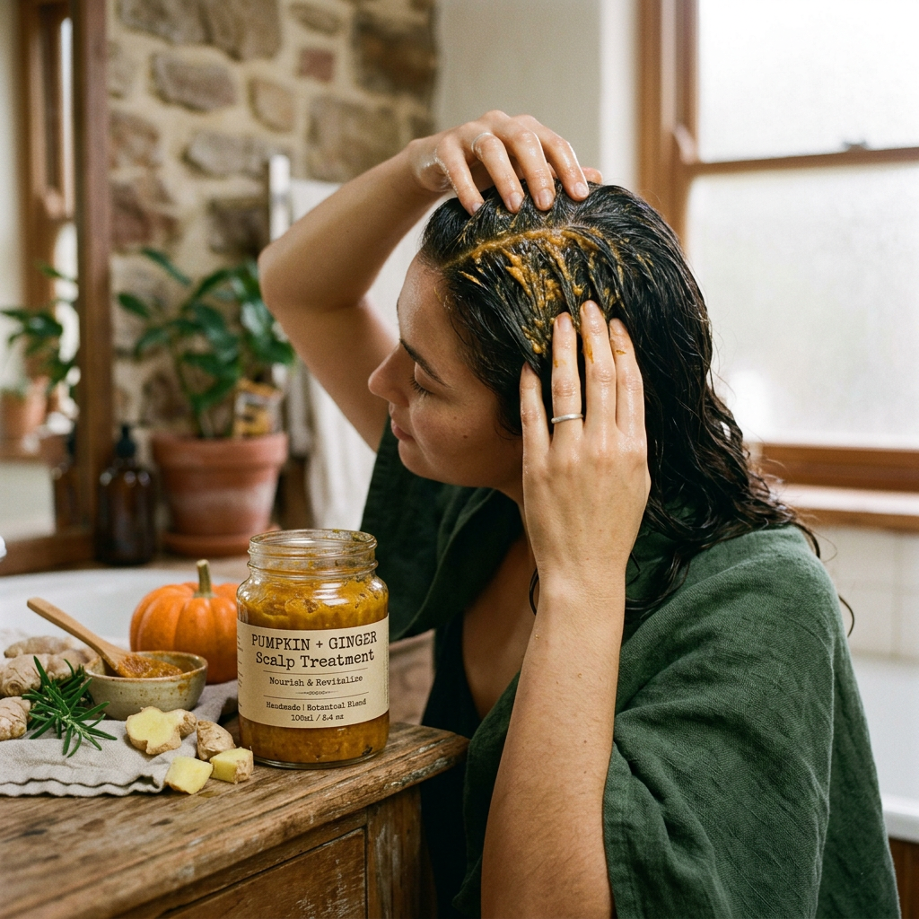 Woman applying Pumpkin + Ginger Scalp Treatment labeled Nourish & Revitalize, Handmade | Root-to-tip Blend, 100ml / 8.4 fl oz