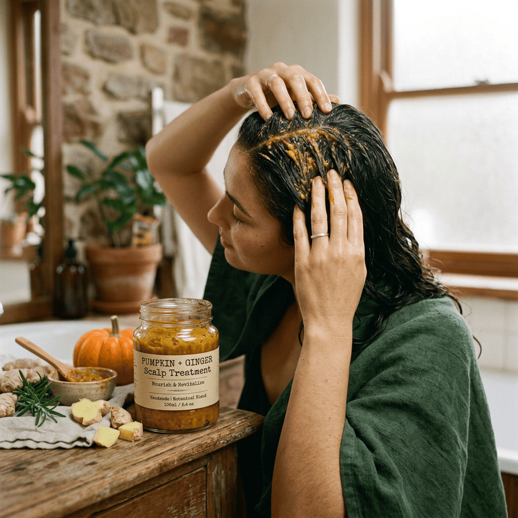 Woman applying Pumpkin + Ginger Scalp Treatment labeled Nourish & Revitalize, Handmade | Root-to-tip Blend, 100ml / 8.4 fl oz