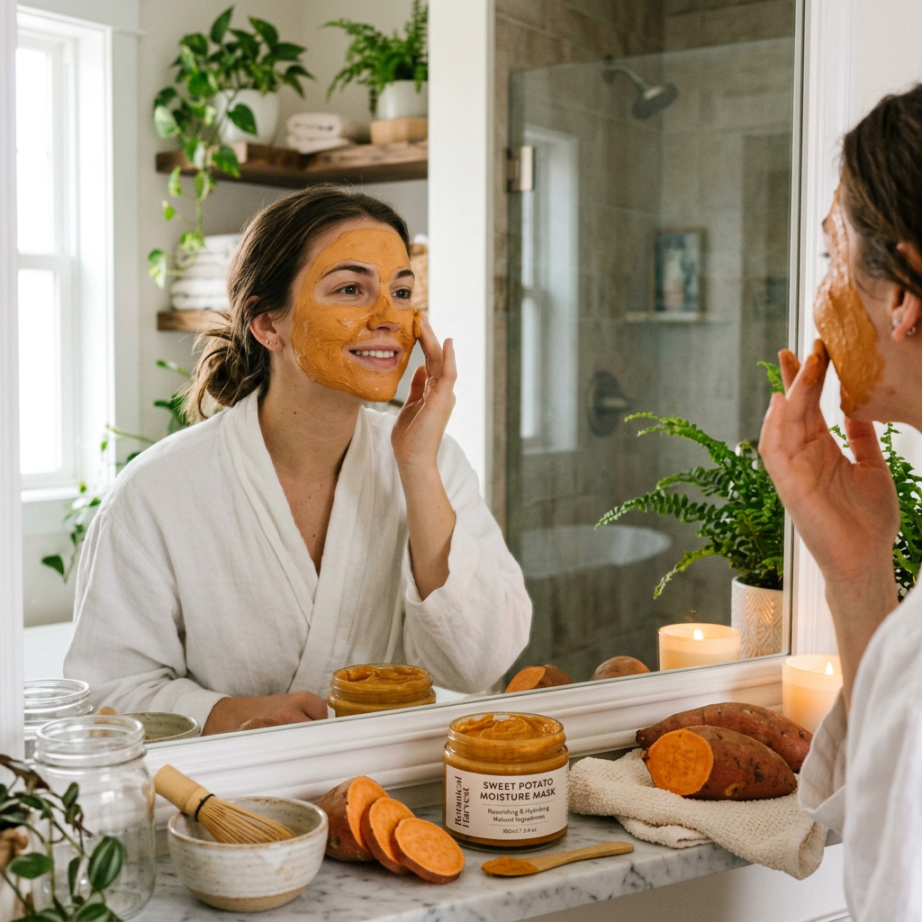Woman applying sweet potato moisture mask beside jar labeled Sweet Potato Moisture Mask