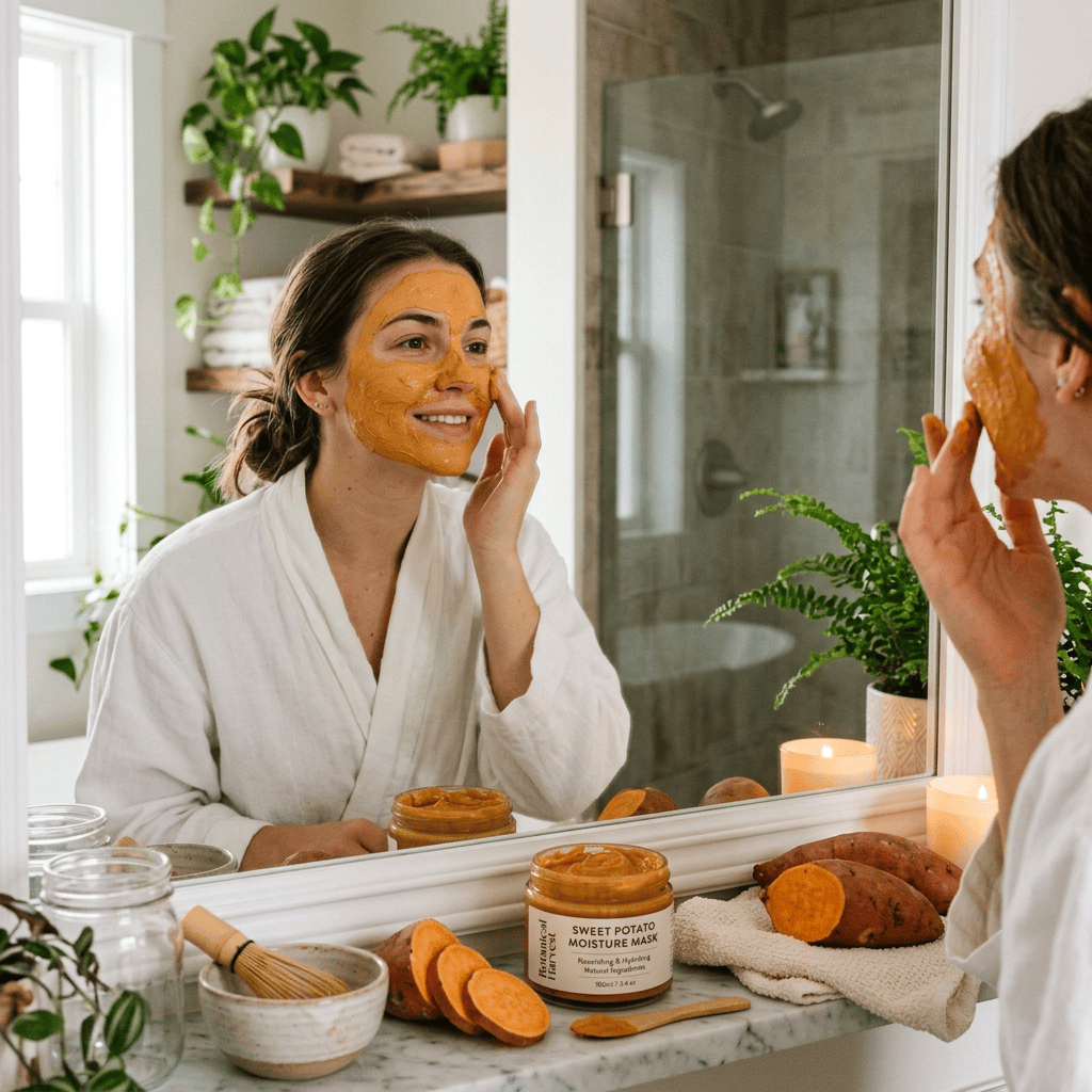 Woman applying sweet potato moisture mask beside jar labeled Sweet Potato Moisture Mask