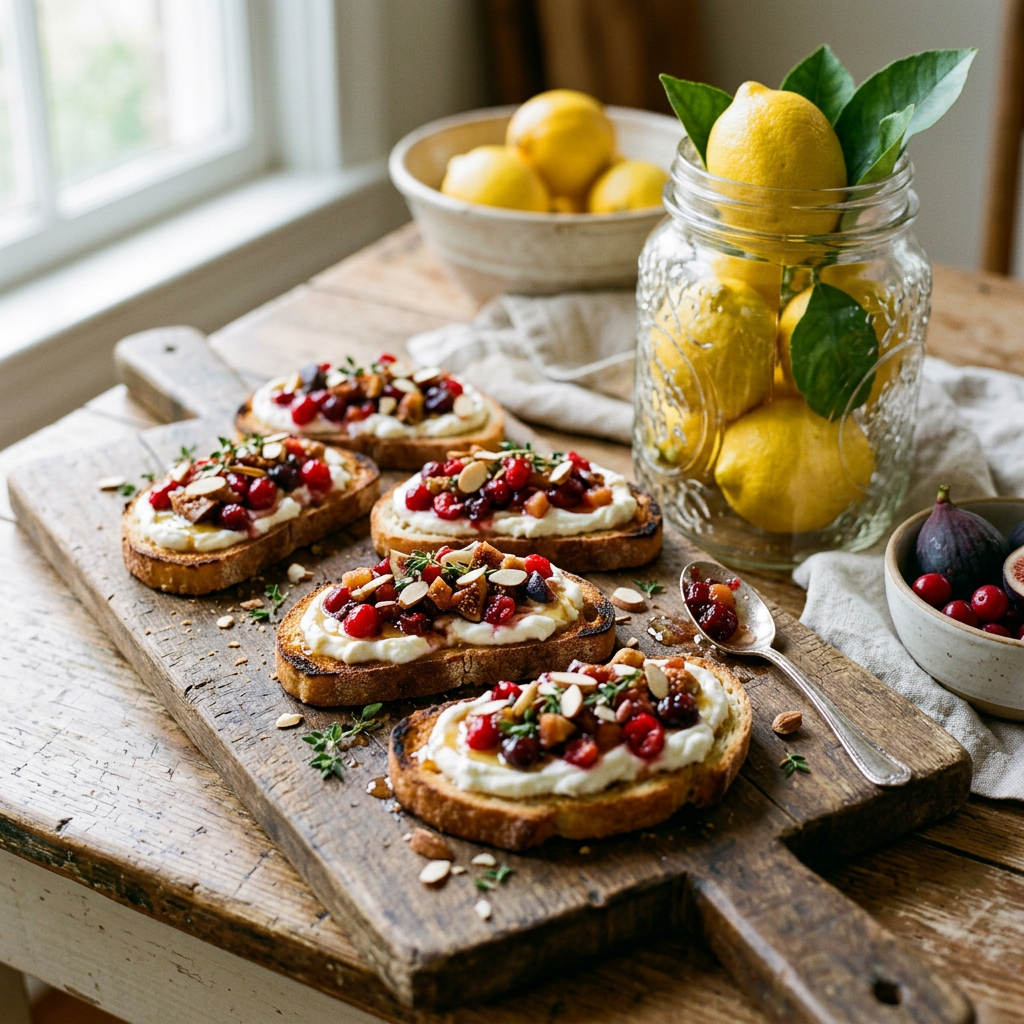 Four toasted bread slices topped with cheese, berries, figs, almonds, and herbs