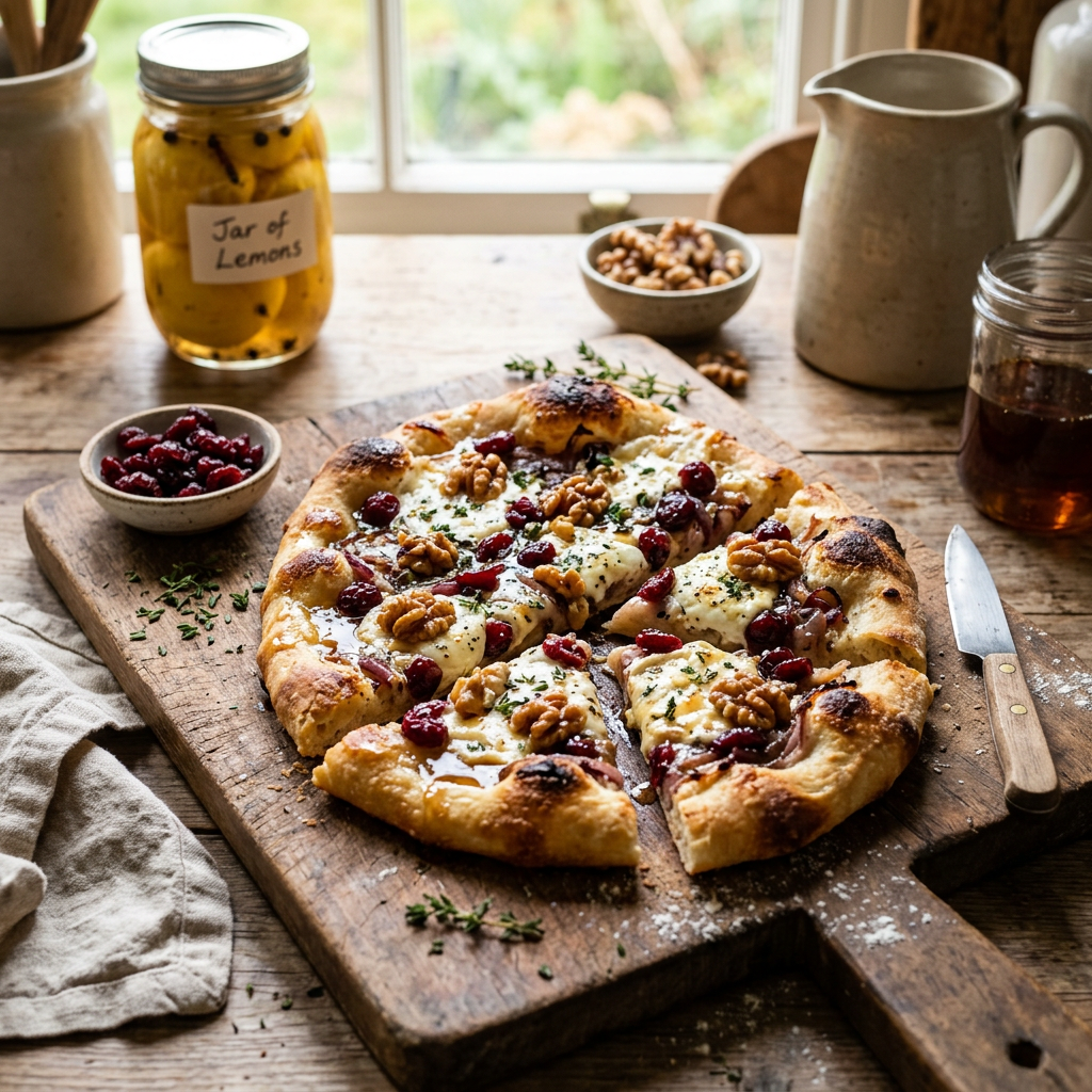 Golden flatbread topped with cheese, cranberries, walnuts, and herbs