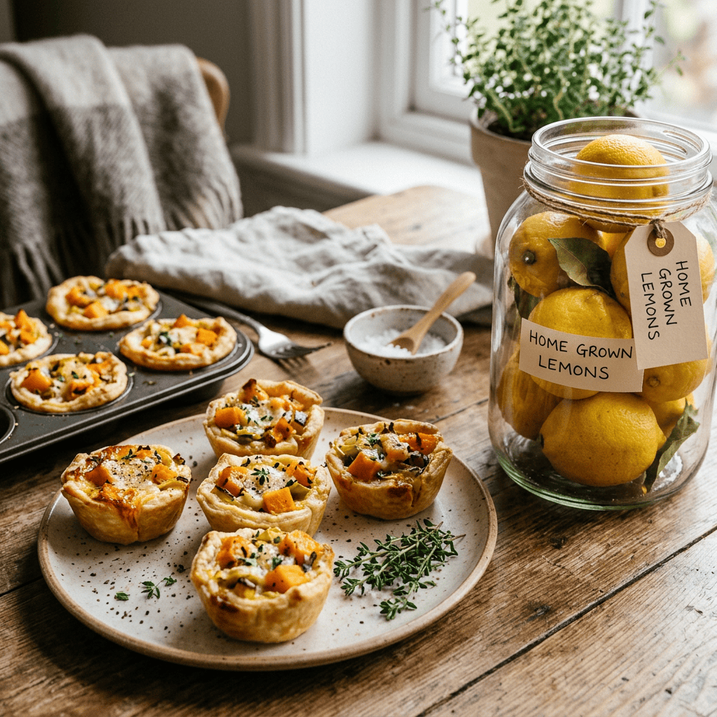 Savory tartlets on a plate beside a jar labeled HOME GROWN LEMONS