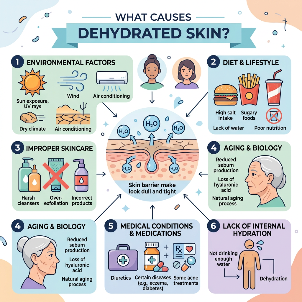 Infographic listing six causes of dehydrated skin, including environmental factors, diet, skincare, aging, medical conditions, and insufficient water intake.