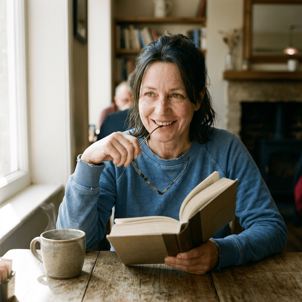 Smiling woman reading an open book beside a mug of coffee