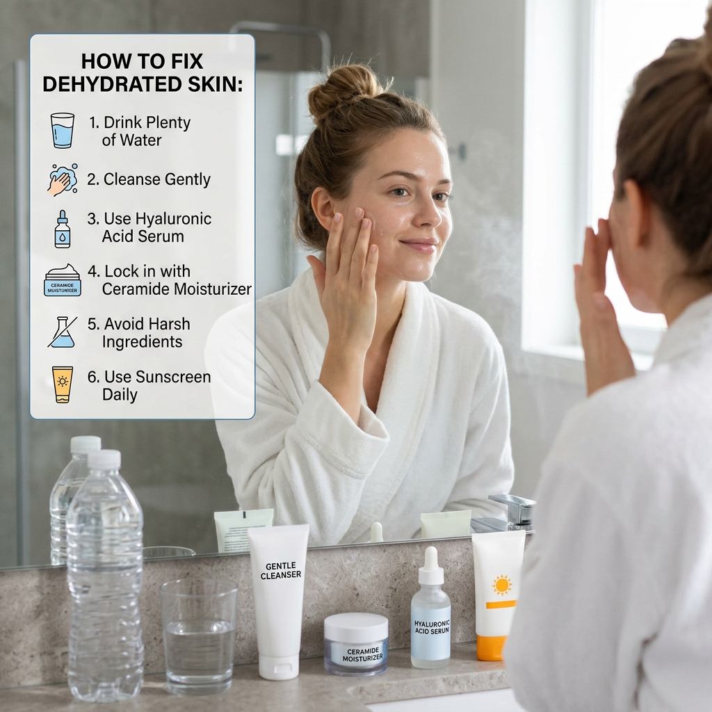 Infographic: HOW TO FIX DEHYDRATED SKIN: 1. Drink Plenty of Water 2. Cleanse Gently 3. Use Hyaluronic Acid Serum 4. Lock in with Ceramide Moisturizer 5. Avoid Harsh Ingredients 6. Use Sunscreen Daily.