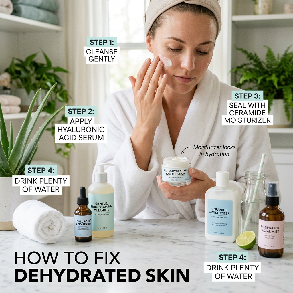 How to Fix Dehydrated Skin; Step 1 Cleanse Gently; Step 2 Apply Hyaluronic Acid Serum; Step 3 Seal With Ceramide Moisturizer; Step 4 Drink Plenty of Water
