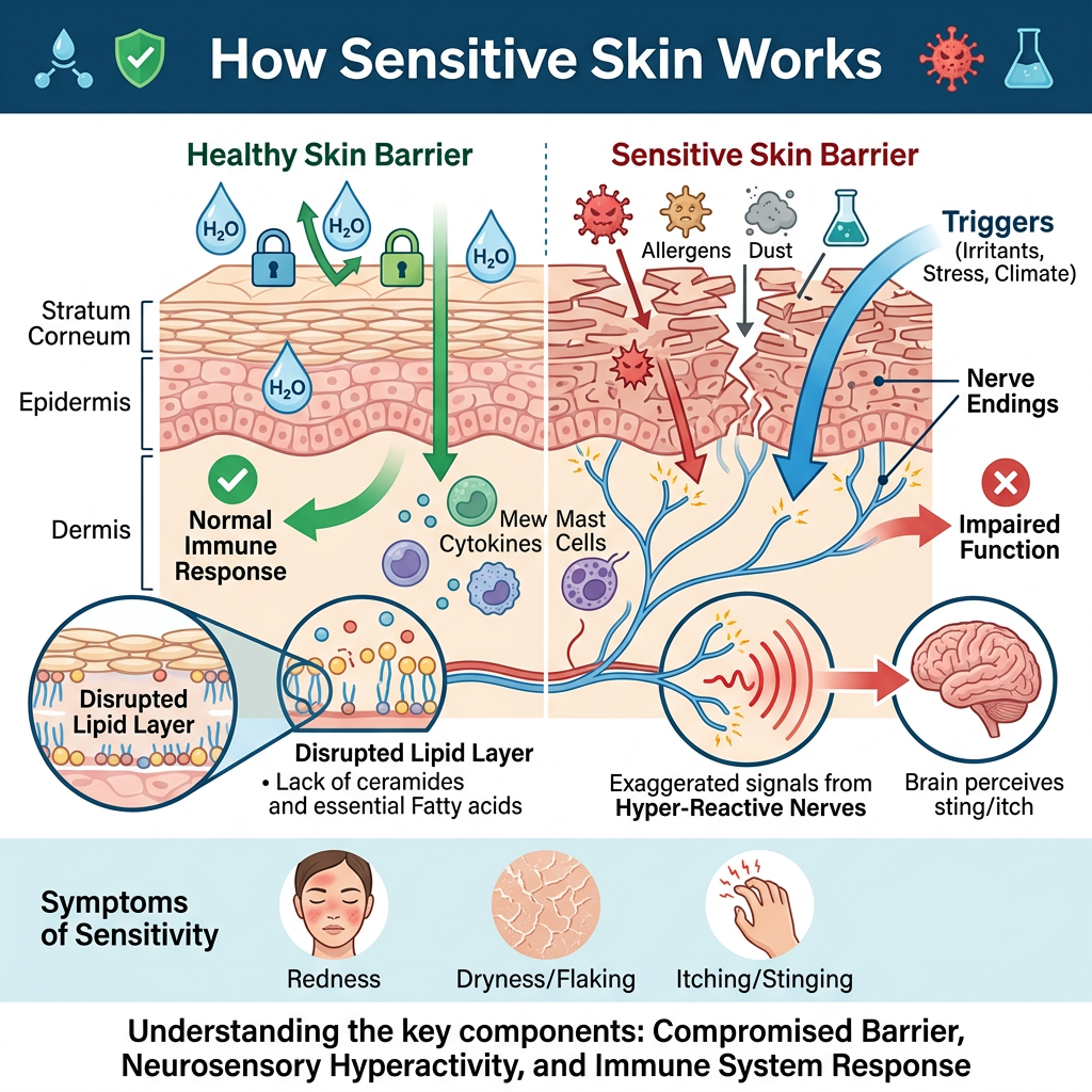 Infographic comparing healthy and sensitive skin barriers, triggers, nerve signaling, and symptoms