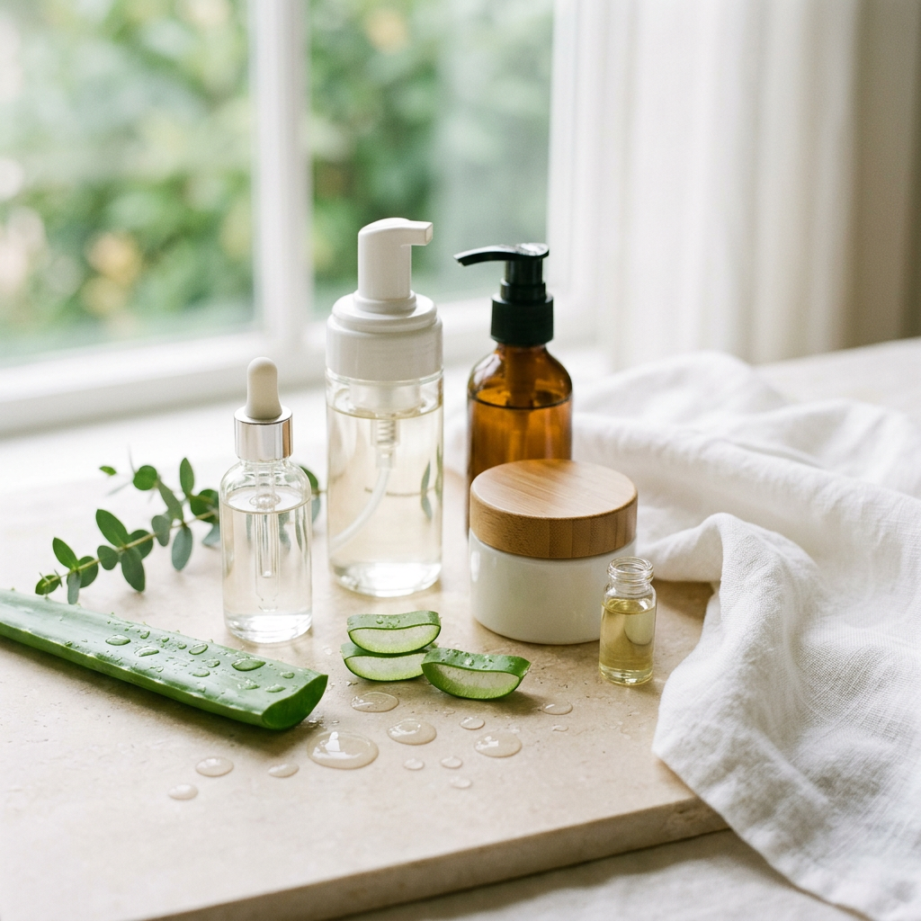 Aloe leaves beside natural skincare bottles and jars on a sunlit table