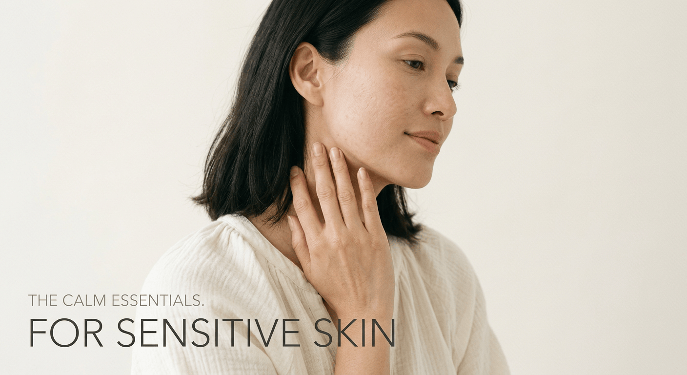 Woman touching her cheek beside text reading The Calm Essentials. For Sensitive Skin
