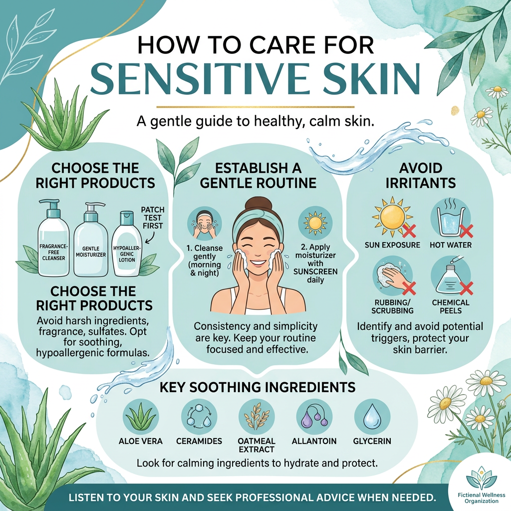 Infographic titled HOW TO CARE FOR SENSITIVE SKIN: A gentle guide to healthy, calm skin. Choose the right products: fragrance-free cleanser, gentle moisturizer, hypoallergenic lotion, and patch test first; avoid harsh ingredients, fragrance, and sulfates. Establish a gentle routine: cleanse gently morning and night, then apply moisturizer with sunscreen daily. Avoid irritants: sun exposure, hot water, rubbing or scrubbing, and chemical peels. Key soothing ingredients: aloe vera, ceramides, oatmeal extract, allantoin, and glycerin. Listen to your skin and seek professional advice when needed. Fictional Wellness Organization.