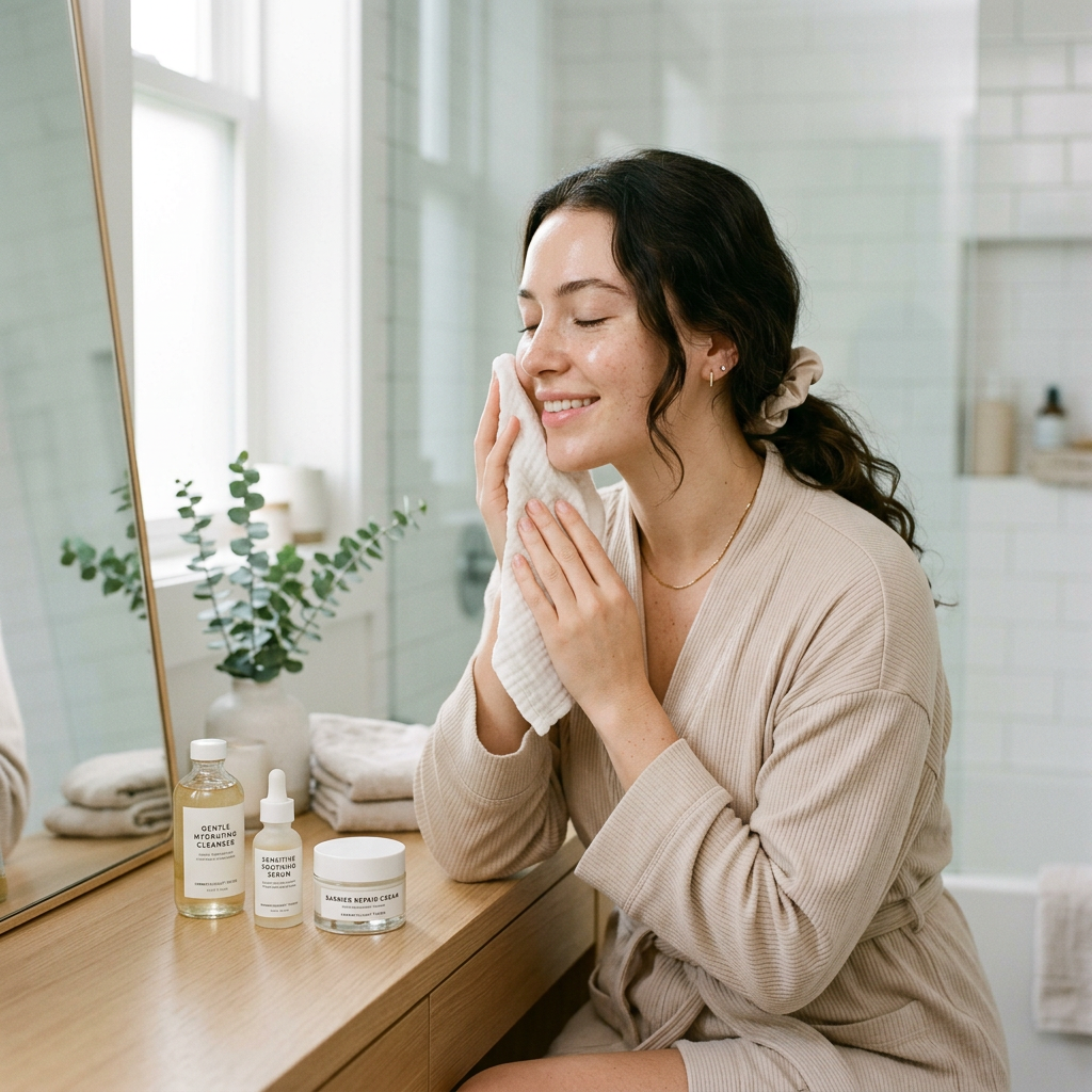Woman applying a warm cloth to her face beside skincare products