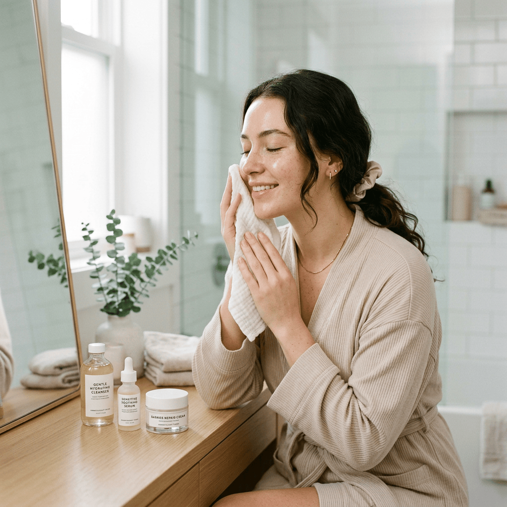 Woman applying a warm cloth to her face beside skincare products