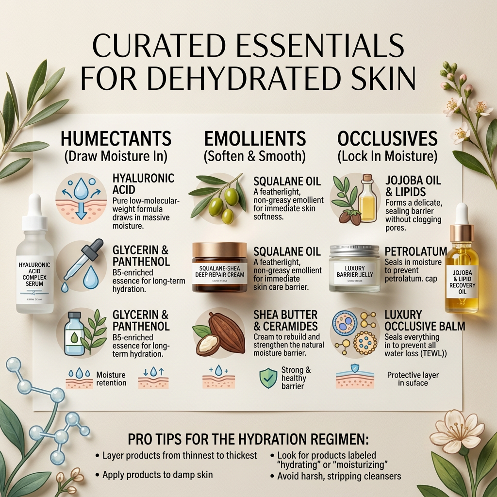 Guide to Essential Ingredients for Dehydrated Skin. Humectants: Draw Moisture In—Hyaluronic Acid, Glycerin, Panthenol (Vitamin B5). Emollients: Soften & Smooth—Squalane, Shea Butter, Ceramides. Occlusives: Lock in Moisture—Jojoba Oil, Petrolatum, Lipids/Fatty Acids. Pro Tips for Dehydrated Skin: layer products from thinnest to thickest; apply products to damp skin; look for products labeled hydrating or moisturizing; avoid harsh, stripping cleansers.