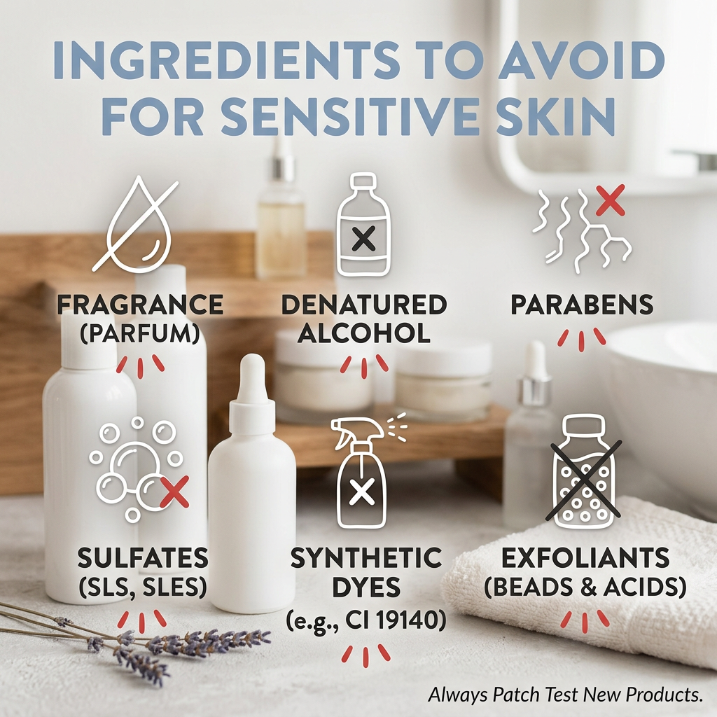 Ingredients to avoid for sensitive skin: fragrance, denatured alcohol, parabens, sulfates, synthetic dyes, and exfoliants.