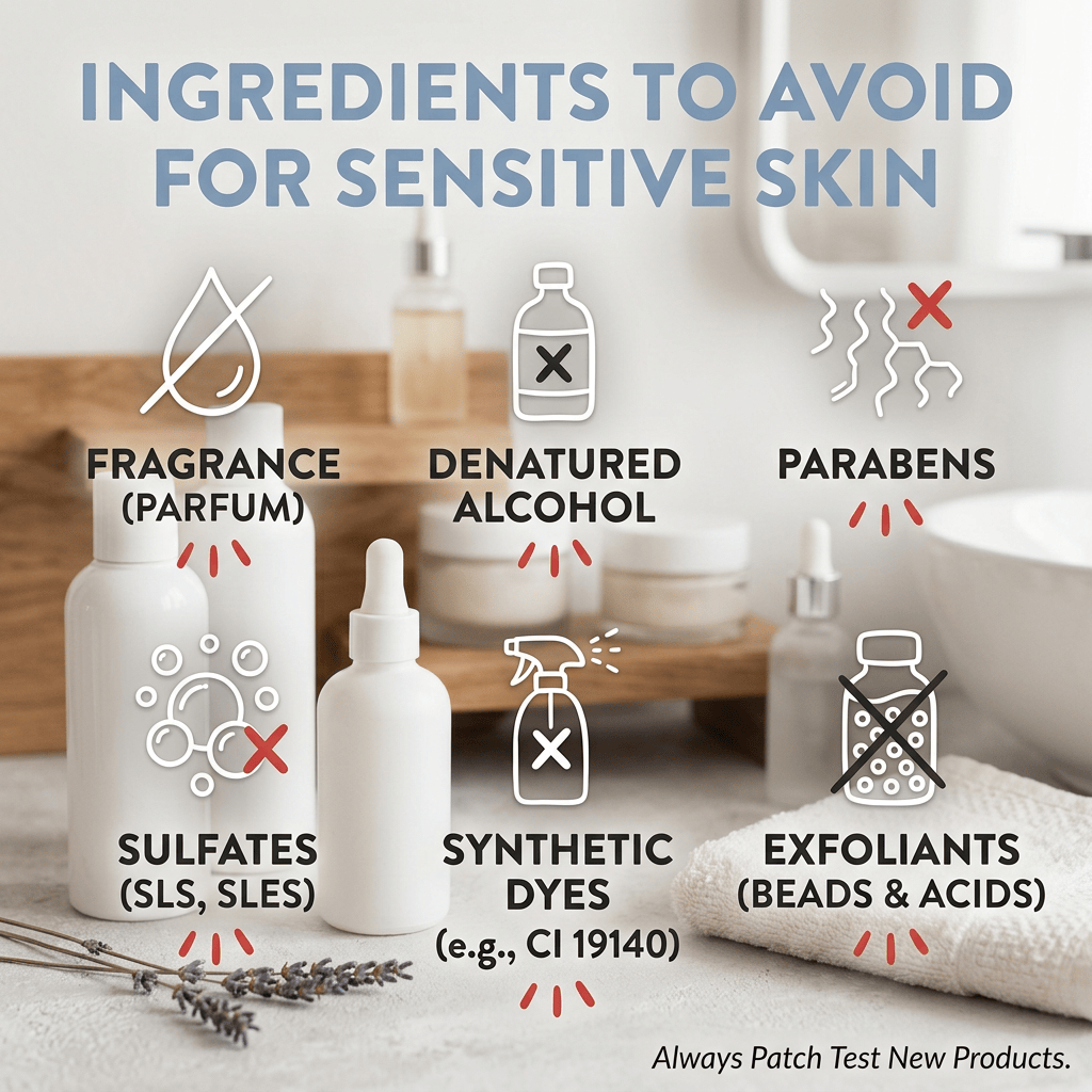 Ingredients to avoid for sensitive skin: fragrance, denatured alcohol, parabens, sulfates, synthetic dyes, and exfoliants.