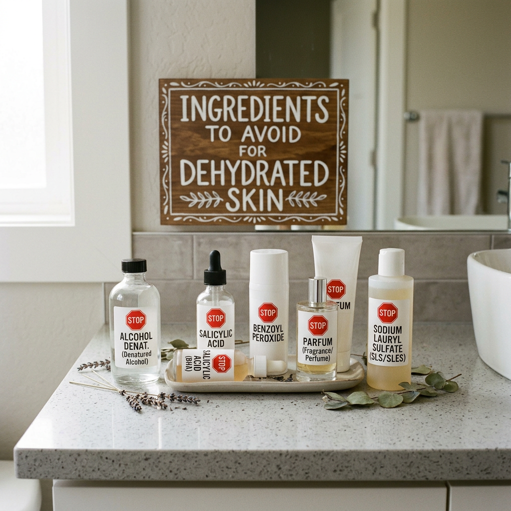 Sign reads “INGREDIENTS TO AVOID FOR DEHYDRATED SKIN,” above products labeled alcohol denat., salicylic acid, benzoyl peroxide, parfum, and sodium lauryl sulfate.