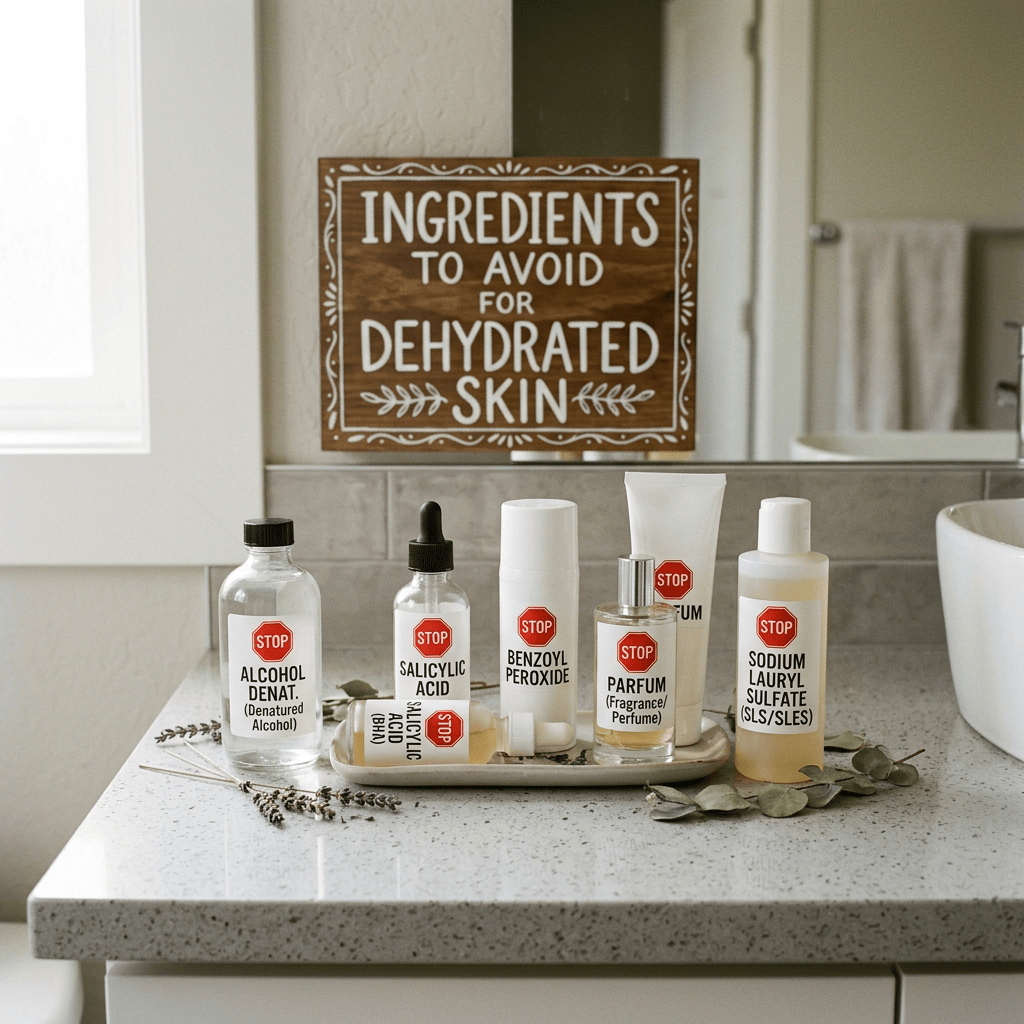 Sign reads “INGREDIENTS TO AVOID FOR DEHYDRATED SKIN,” above products labeled alcohol denat., salicylic acid, benzoyl peroxide, parfum, and sodium lauryl sulfate.