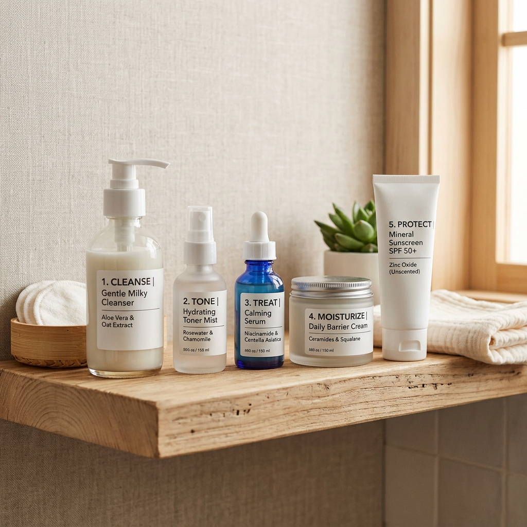 Five skincare products labeled cleanse, tone, treat, moisturize, and protect