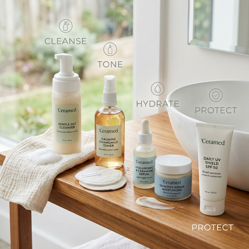 Ceramed skincare products labeled CLEANSE, TONE, HYDRATE, and PROTECT, including cleanser, toner, serum, moisturizer, and Daily UV Shield SPF 50.