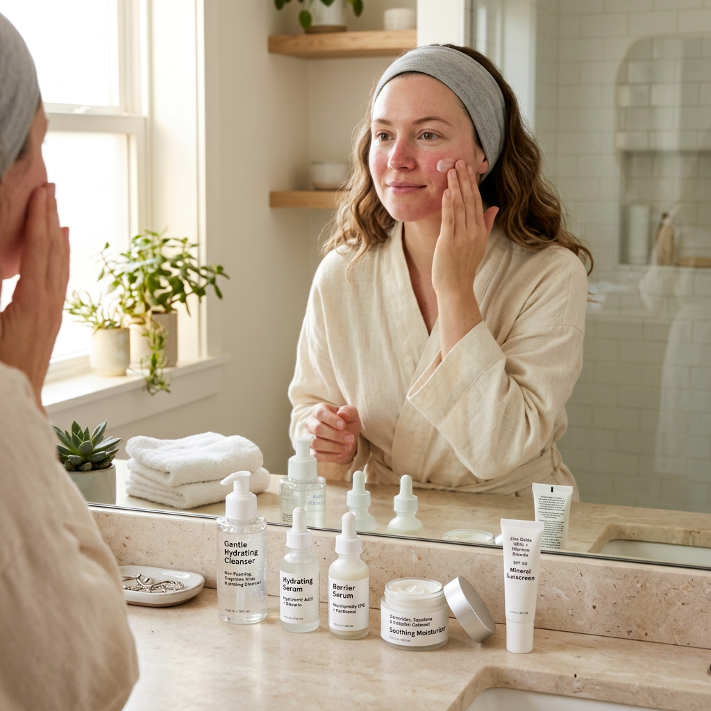 Woman applying skincare beside cleansers, serums, moisturizer, and sunscreen