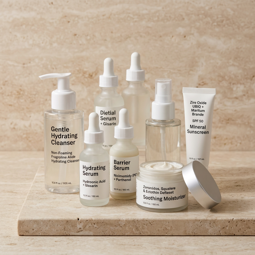 Skincare products labeled Gentle Hydrating Cleanser, Hydrating Serum, Dietial Serum, Barrier Serum, Soothing Moisturizer, and Mineral Sunscreen SPF 50