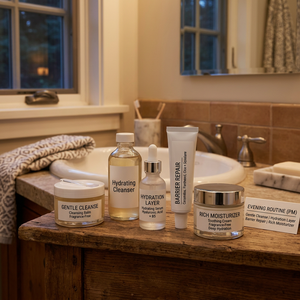 Evening Routine (PM): Gentle Cleanse, Hydration Layer, Barrier Repair, Rich Moisturizer; products labeled Gentle Cleanse Cleansing Balm Fragrance-Free, Hydrating Cleanser, Hydration Layer Hydrating Serum Hyaluronic Acid + B5, Barrier Repair, and Rich Moisturizer Soothing Cream Fragrance-Free Deep Hydration.
