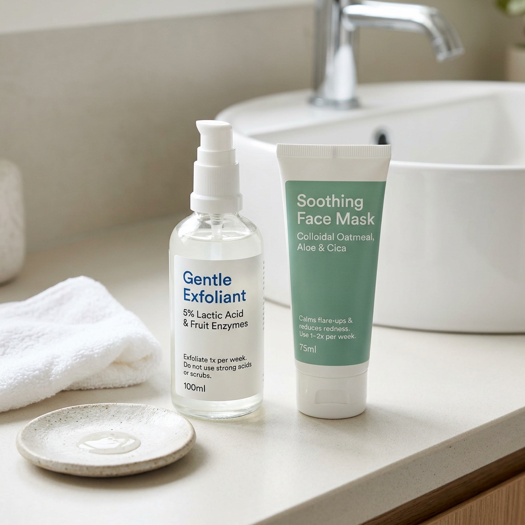 Gentle Exfoliant and Soothing Face Mask skincare products beside a bathroom sink