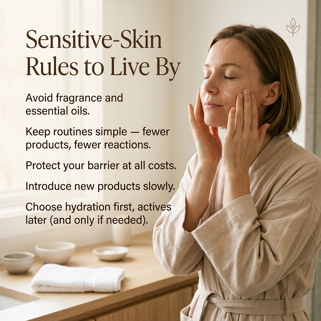 Sensitive-Skin Rules to Live By. Avoid fragrance and essential oils. Keep routines simple — fewer products, fewer reactions. Protect your barrier at all costs. Introduce new products slowly. Choose hydration first, actives later (and only if needed). Woman gently applying skincare in a bright bathroom.