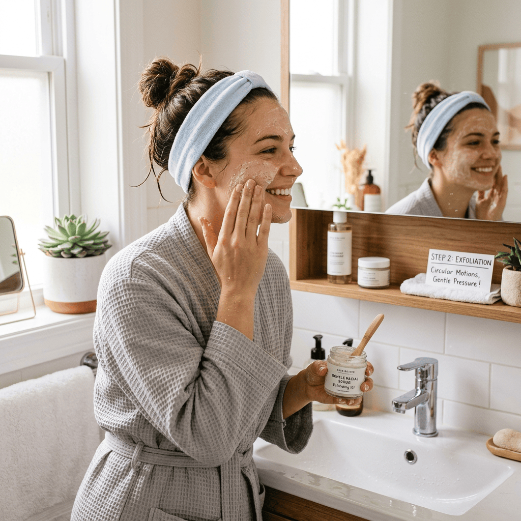 Woman in robe applying facial scrub while holding its jar
