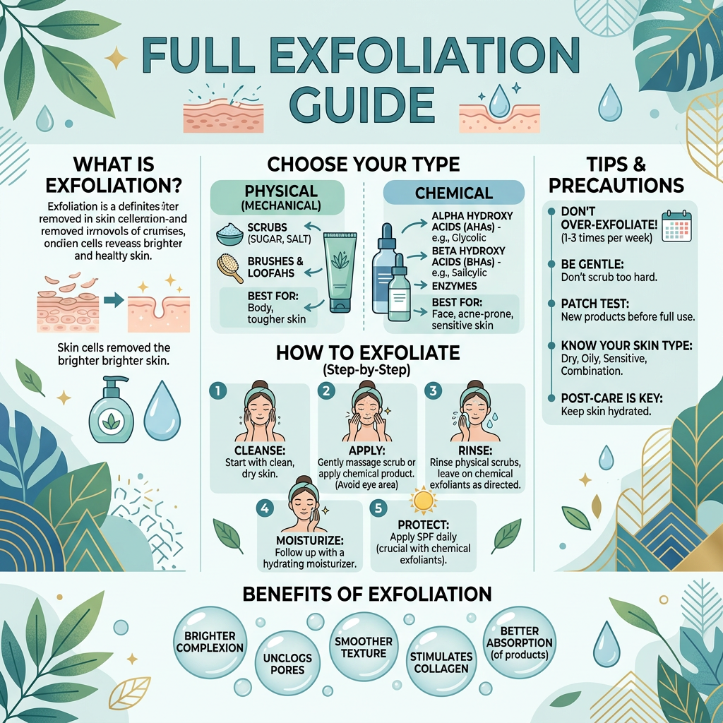 Full exfoliation guide covering types, steps, benefits, and precautions