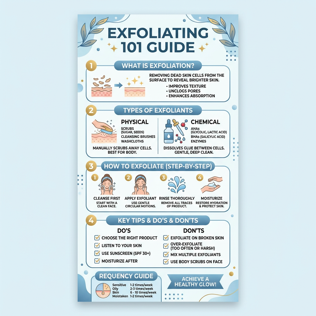 Exfoliating 101 Guide infographic covering methods, steps, tips, and frequency